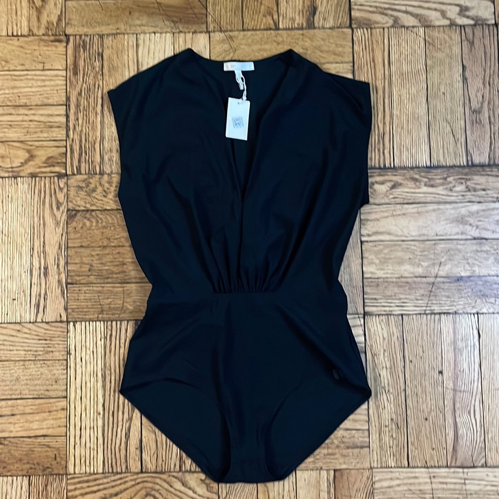 MAJE: Beautiful, plunging neckline black jersey Tilio bodysuit